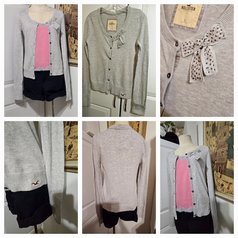 HOLLISTER VINTGE Y2K BUTTONS DOWN BOW LIGHT GRAY CARDIGAN WOMEN'S SWEATER -LARGE
